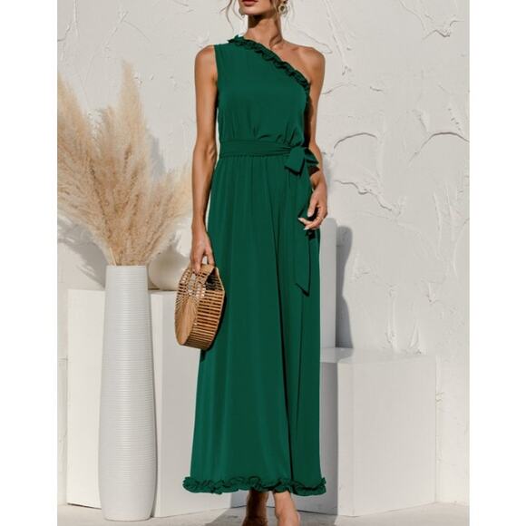 Unbranded Women’s Date Night One Shoulder Belted Flowy Maxi Dress Size L Green - Picture 1 of 9